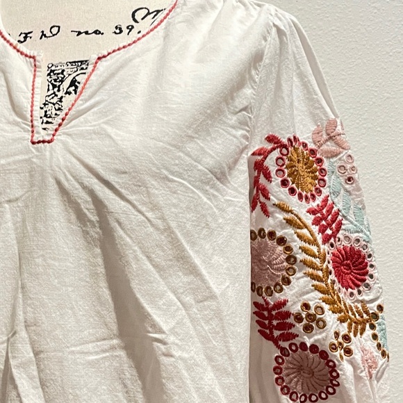 Madewell Blouse White Colorful Embroidered Popover Sleeve Hippie 70’s Vibes Sz M - Picture 11 of 15
